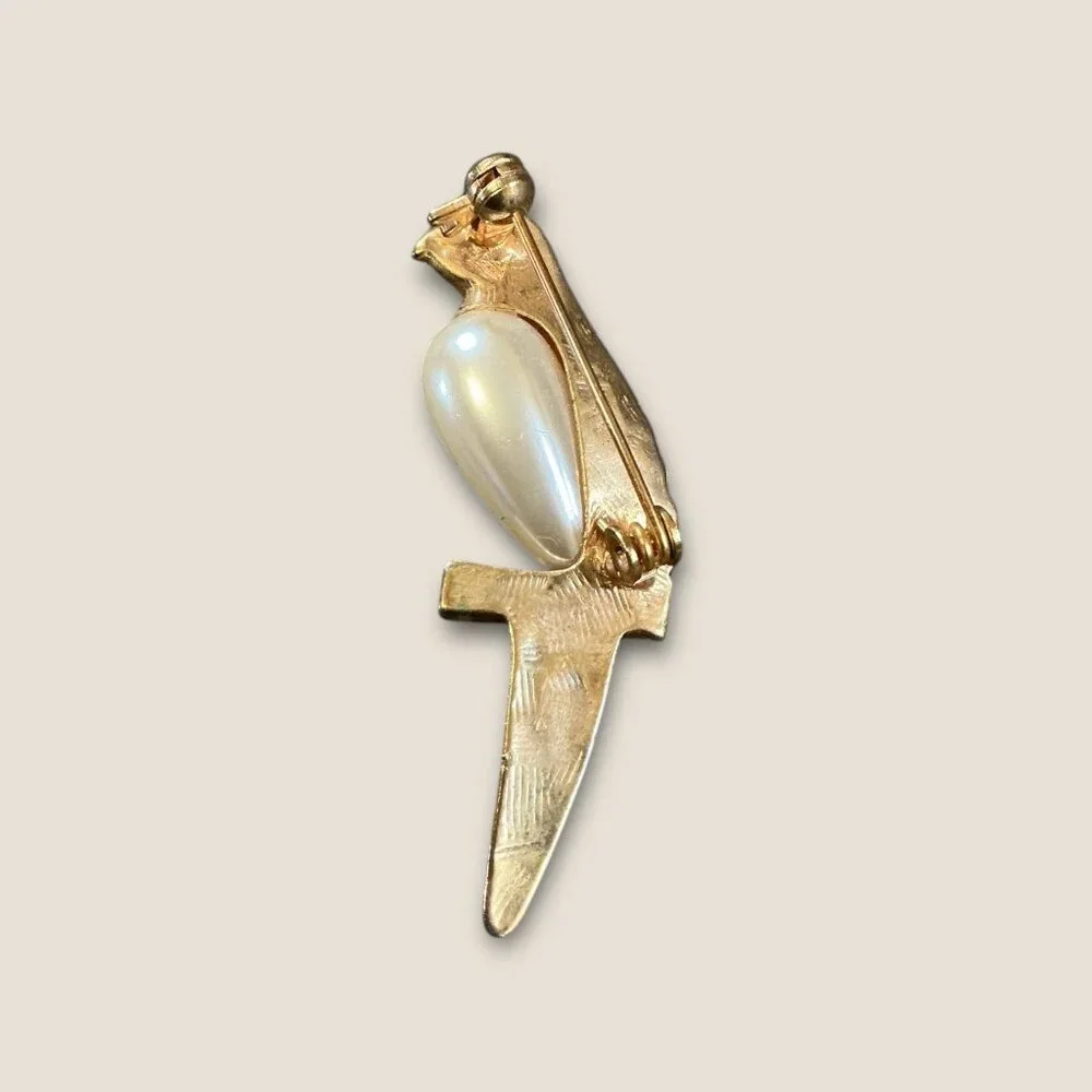Vintage Gold-Tone Parrot Brooch With Pearl & Rhinestone Accents